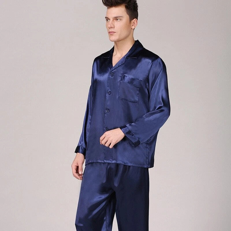 Mens Pajamas Nightwear Long Sleeve Sleep Tops Trousers Thin Ice Silk Pajamas Set