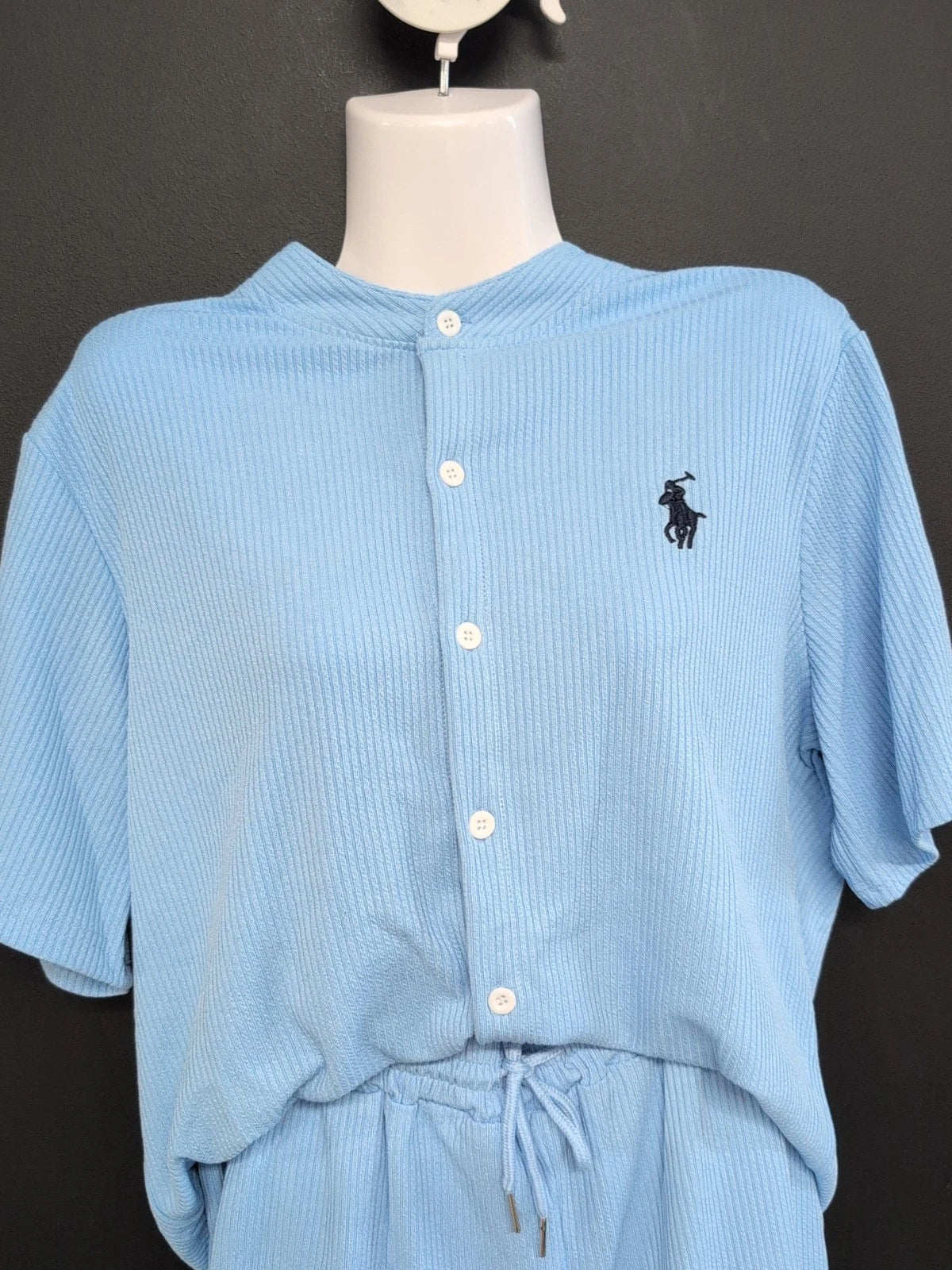 Mens Polo Short Sleeve Button Up Shirt and Shorts Pajama Set Size M Blue