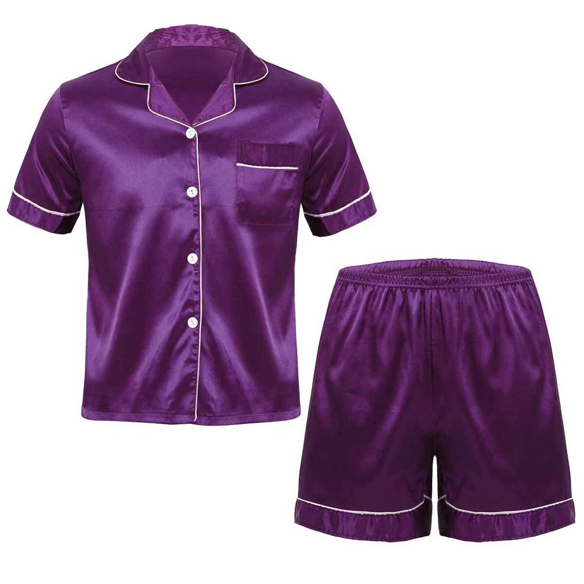 Mens Shiny Satin Pajamas Set Short Sleeves Button Down Shirt with Boxer Short