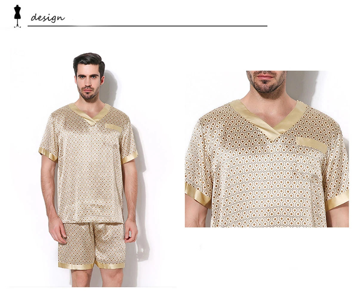 Mens 100% Silk Print Sleepwear T-shirt Top & Shorts Set Silk Pajamas Set S M L