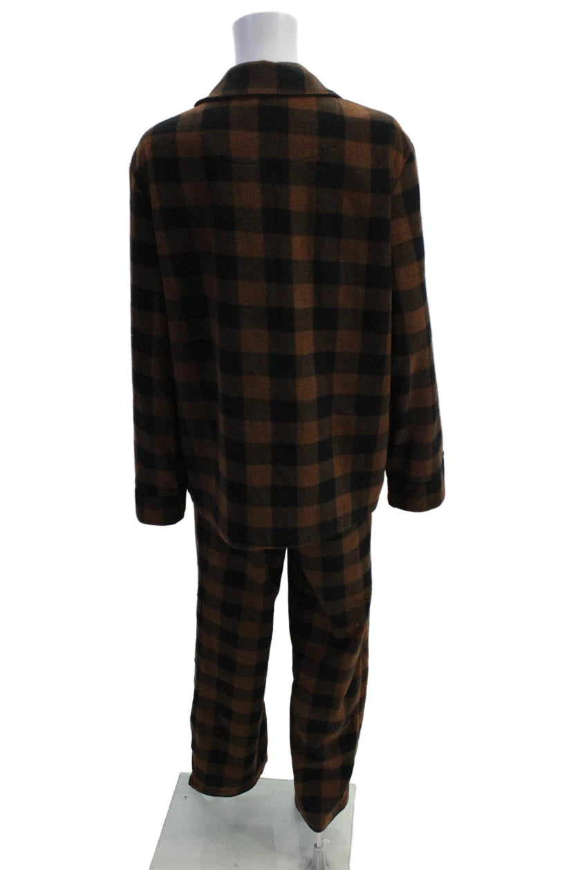 Skims Mens Checkered Collared Long Sleeve Button Up Pajama Set Brown Size S