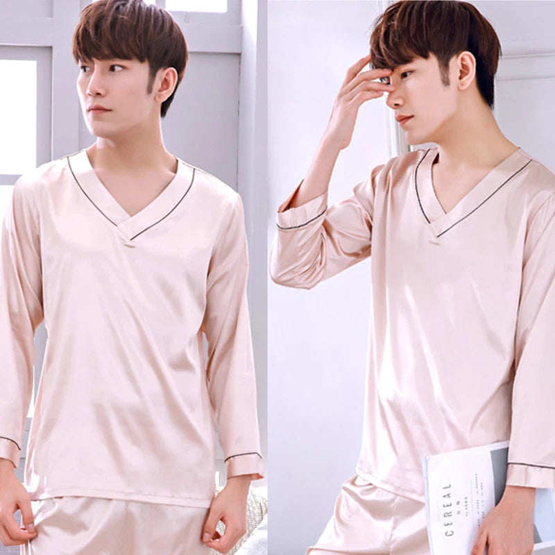 NWT 2PCS Mens Silk Satin Pajamas Sleepwear Pyjamas PJS Long Sleeve M031 M L XL