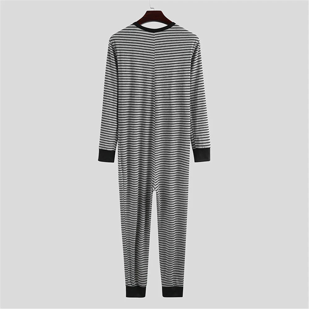Mens One-Piece Pajamas Long Sleeve Button Bodysuits Jumpsuits Sleepwear Overalls
