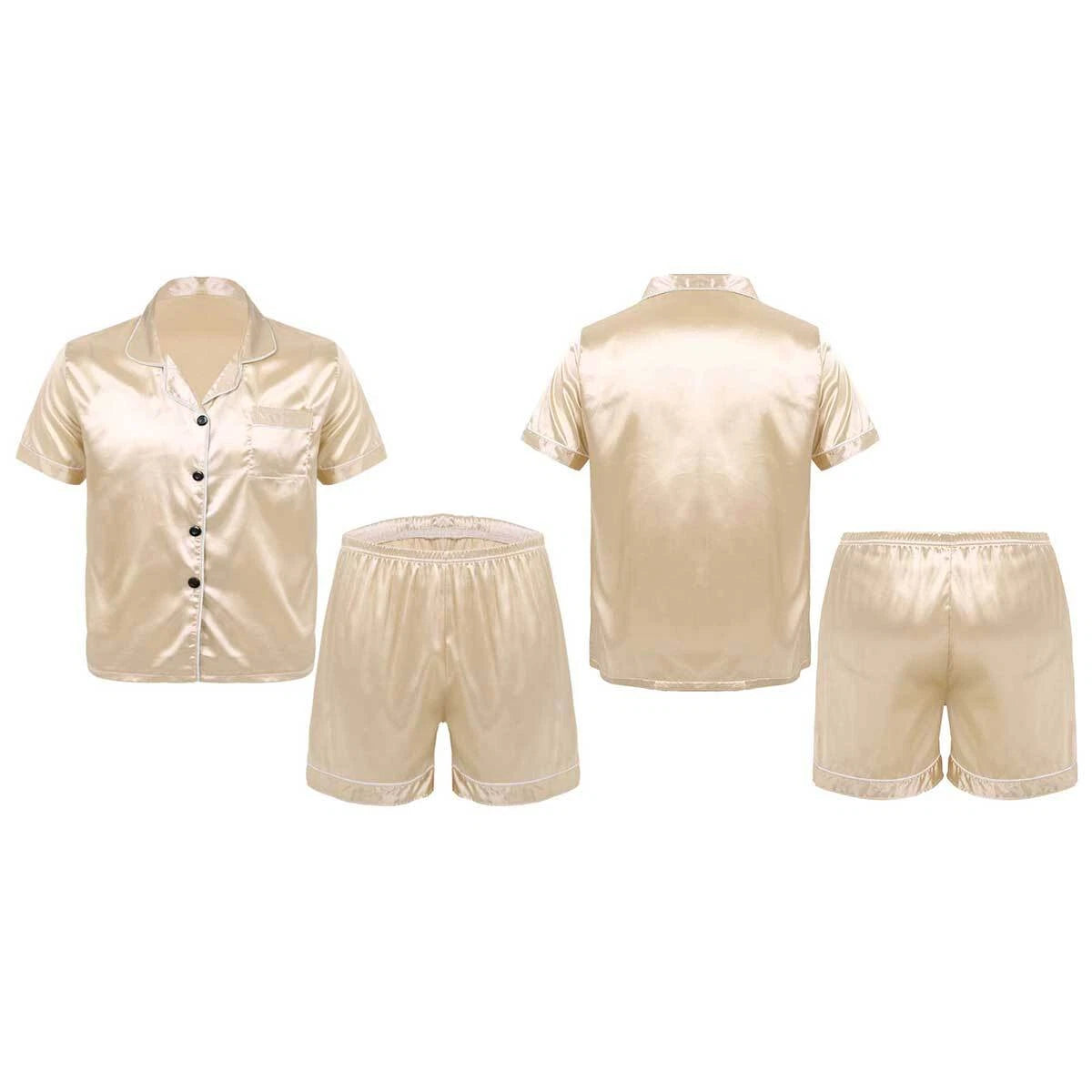 Mens Shiny Satin Pajamas Set Short Sleeves Button Down Shirt with Boxer Short