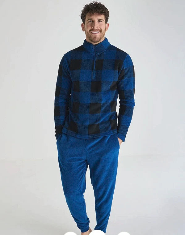 Mens High Street Checked Fleece Blue/Black Soft Warm Pyjamas Lounge Set