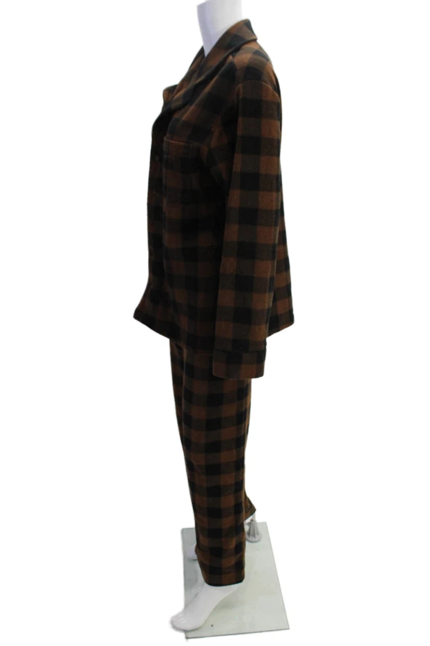 Skims Mens Checkered Collared Long Sleeve Button Up Pajama Set Brown Size S