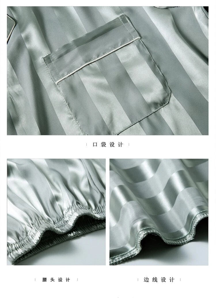 Mens Pajamas Nightwear Long Sleeve Sleep Tops Trousers Thin Ice Silk Pajamas Set