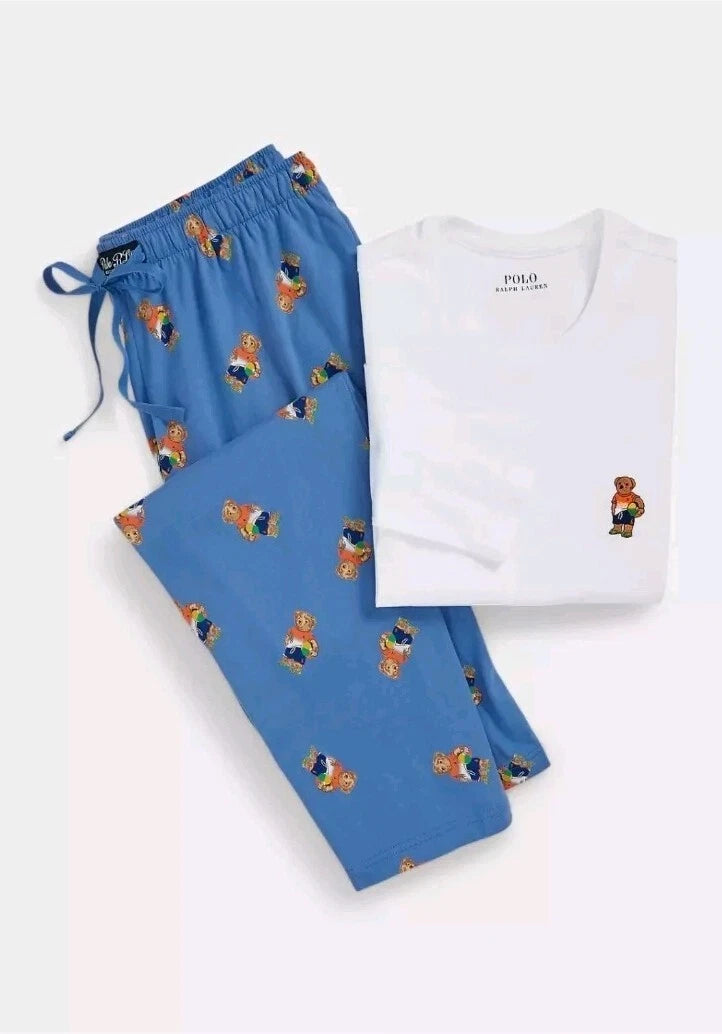 Polo Ralph Lauren Mens Polo Bear Light Blue Cotton Pajama Sleep Set NWT Sz M