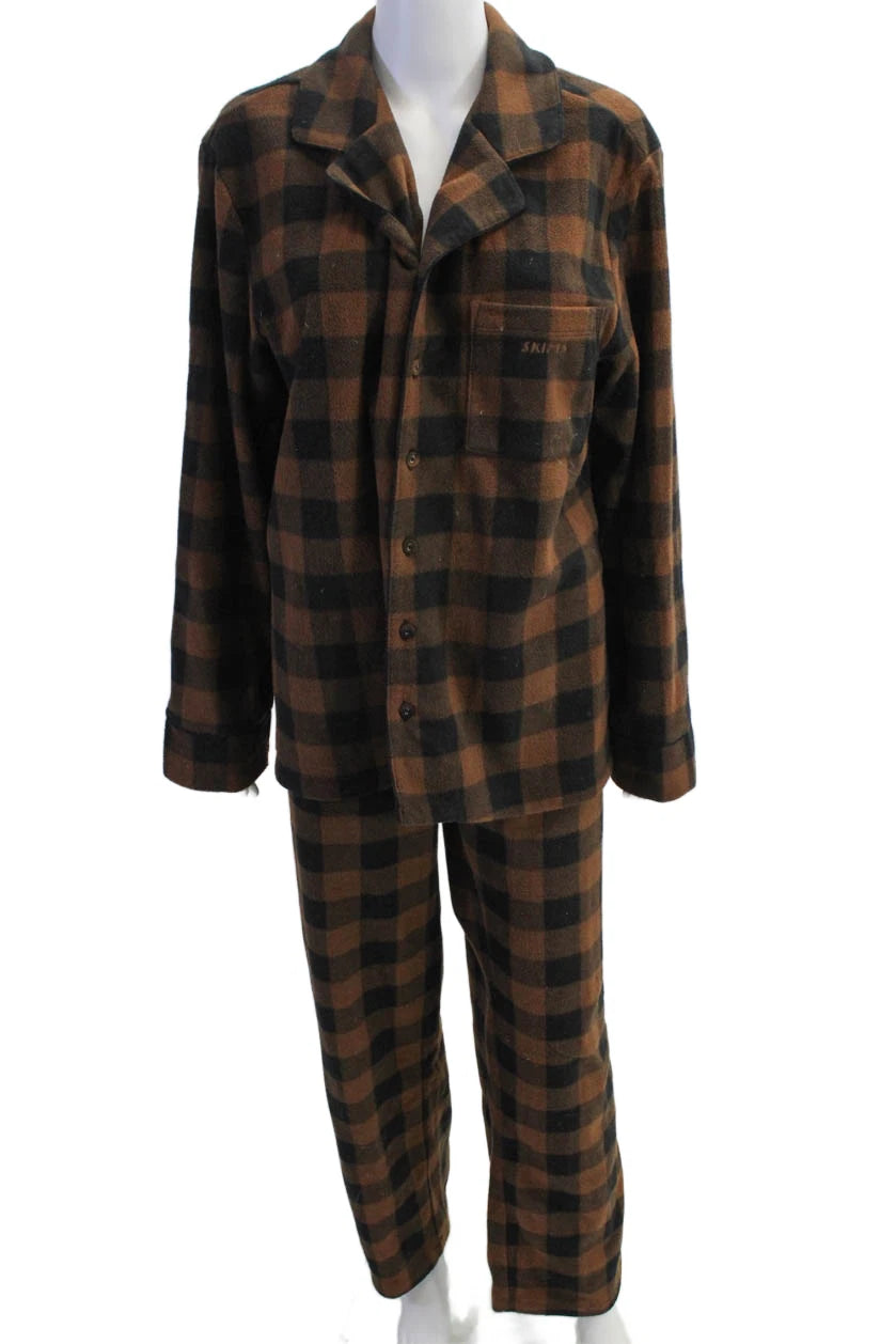 Skims Mens Checkered Collared Long Sleeve Button Up Pajama Set Brown Size S