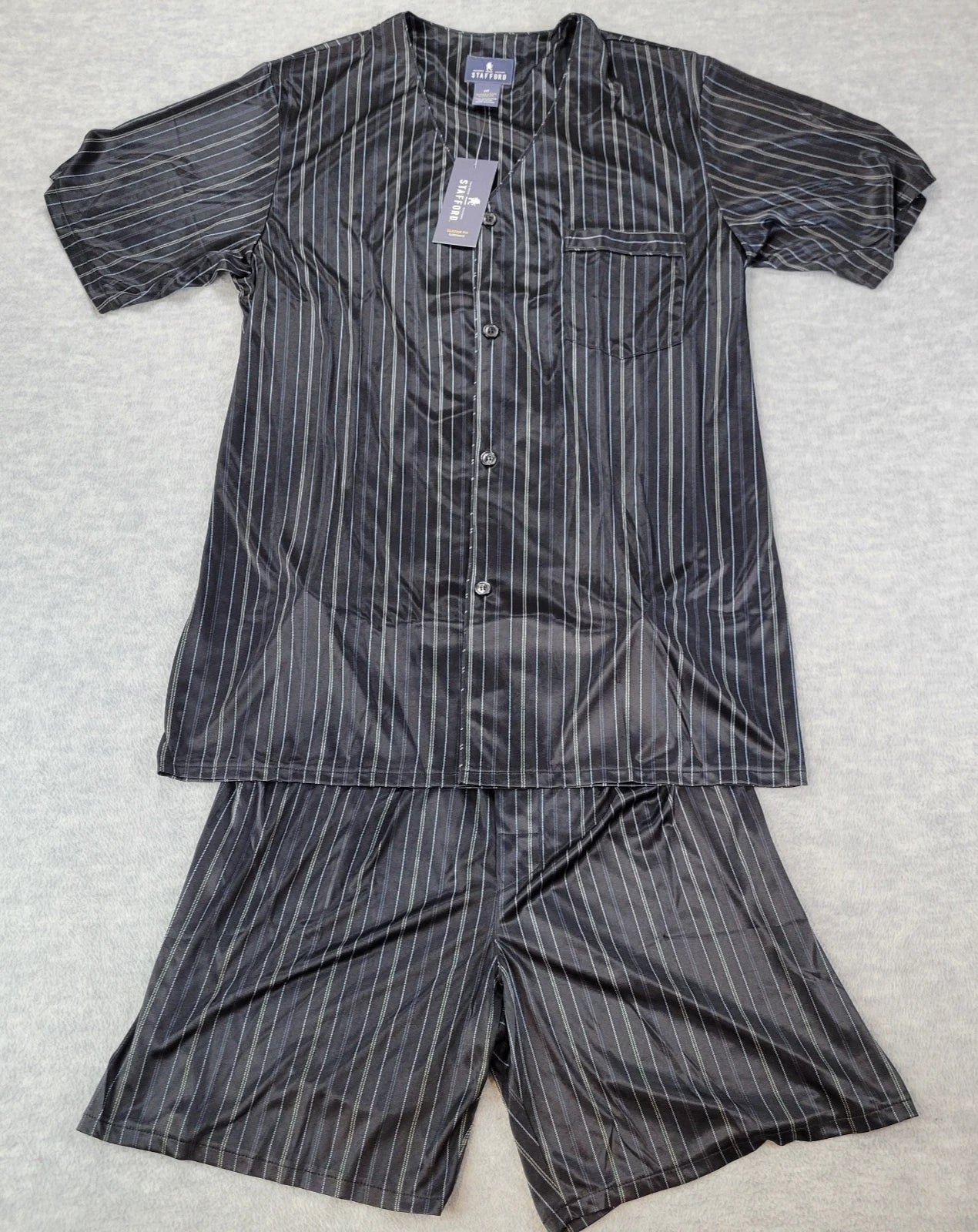 Stafford Pajama Set Satin Black Stripe Sleepwear S/S Shirt & Shorts Mens MT NWT