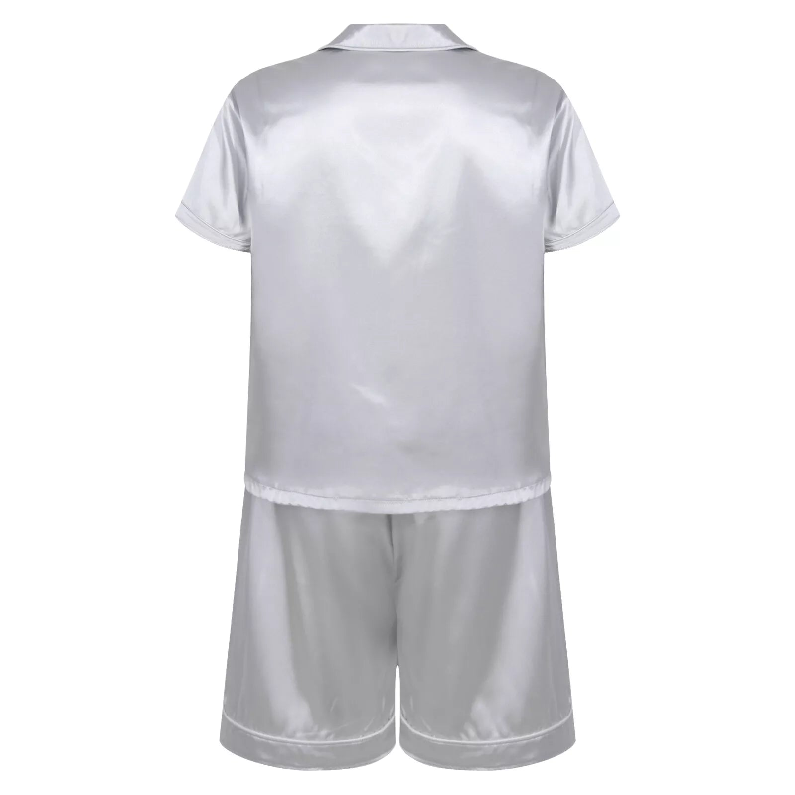 Mens Shiny Satin Pajamas Set Short Sleeves Button Down Shirt with Boxer Short