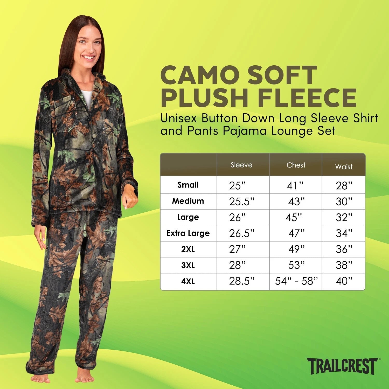 TrailCrest by Treel Camo Soft Plush Fleece Button L/S Shirt & Pants Pajama Set