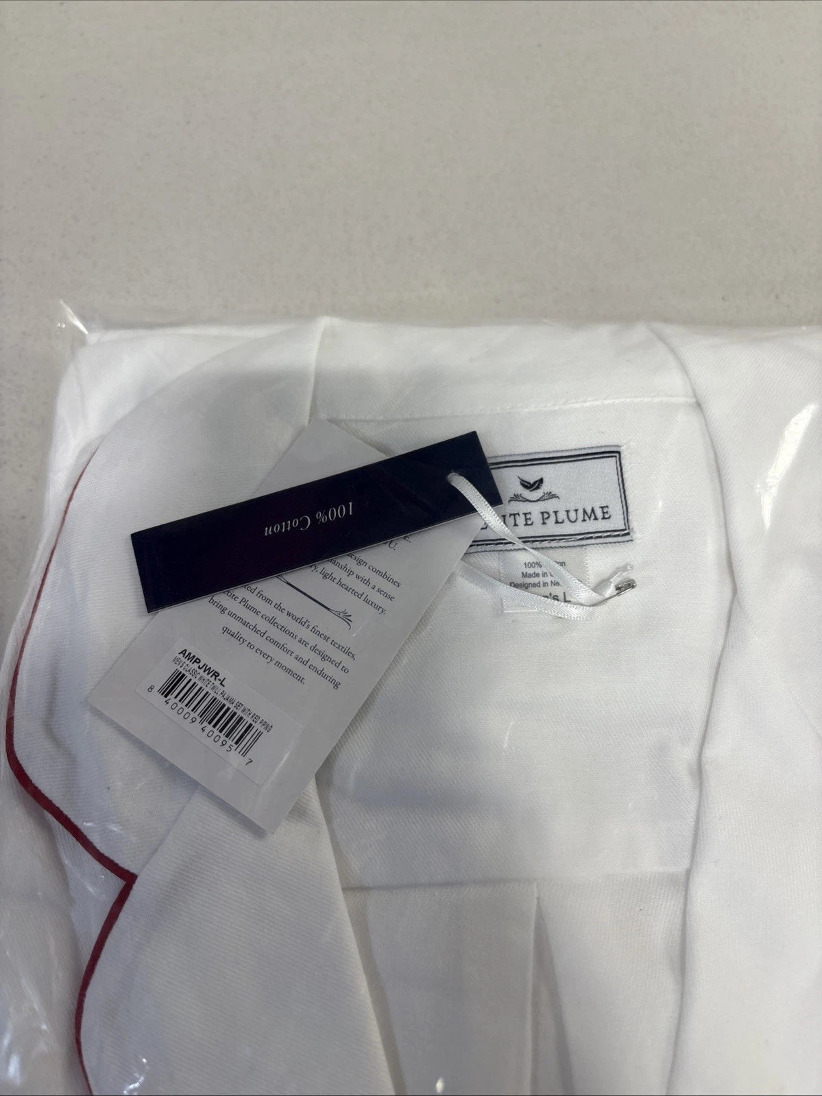 Petite Plume Men's Classic White Twill Pajama Set w/ Red Piping Size large