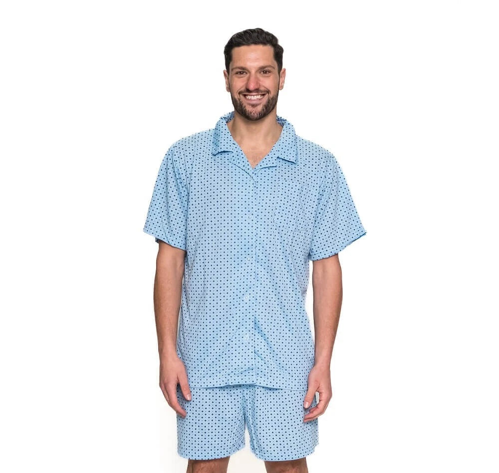 Mens Blue Diamond Print Short Sleeve Summer Cotton Pjs Pyjama Set