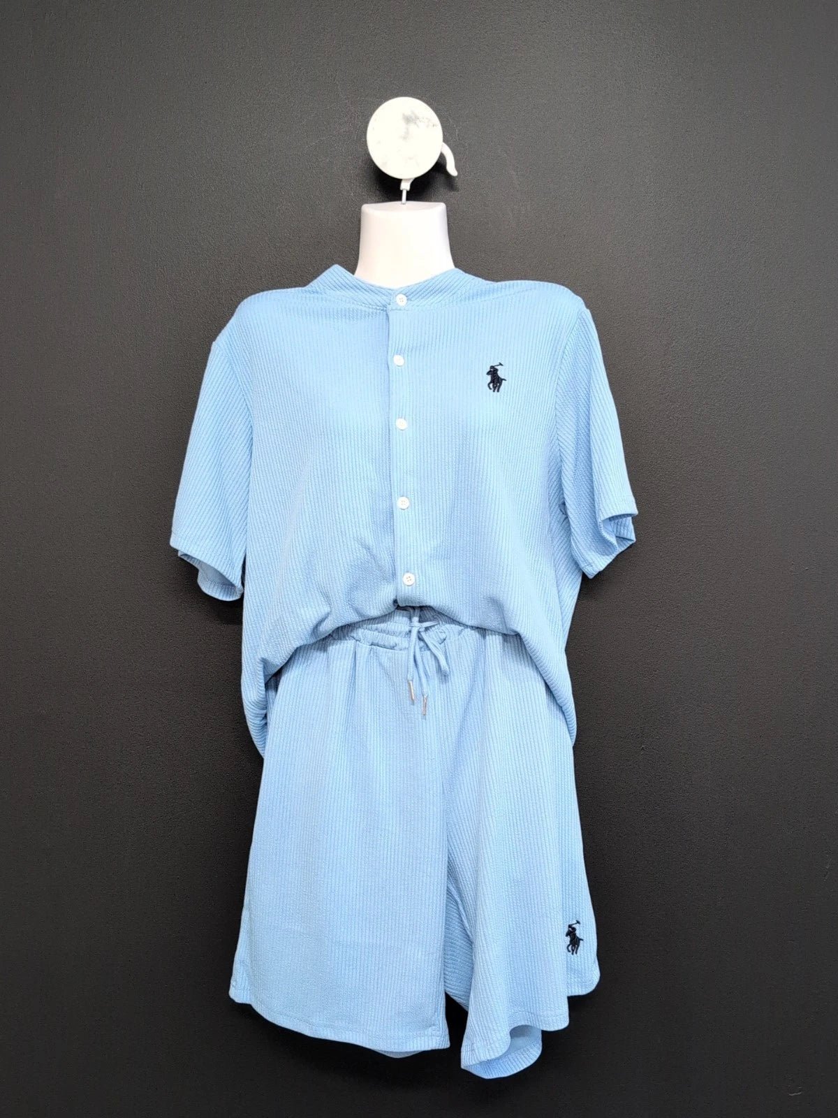 Mens Polo Short Sleeve Button Up Shirt and Shorts Pajama Set Size M Blue