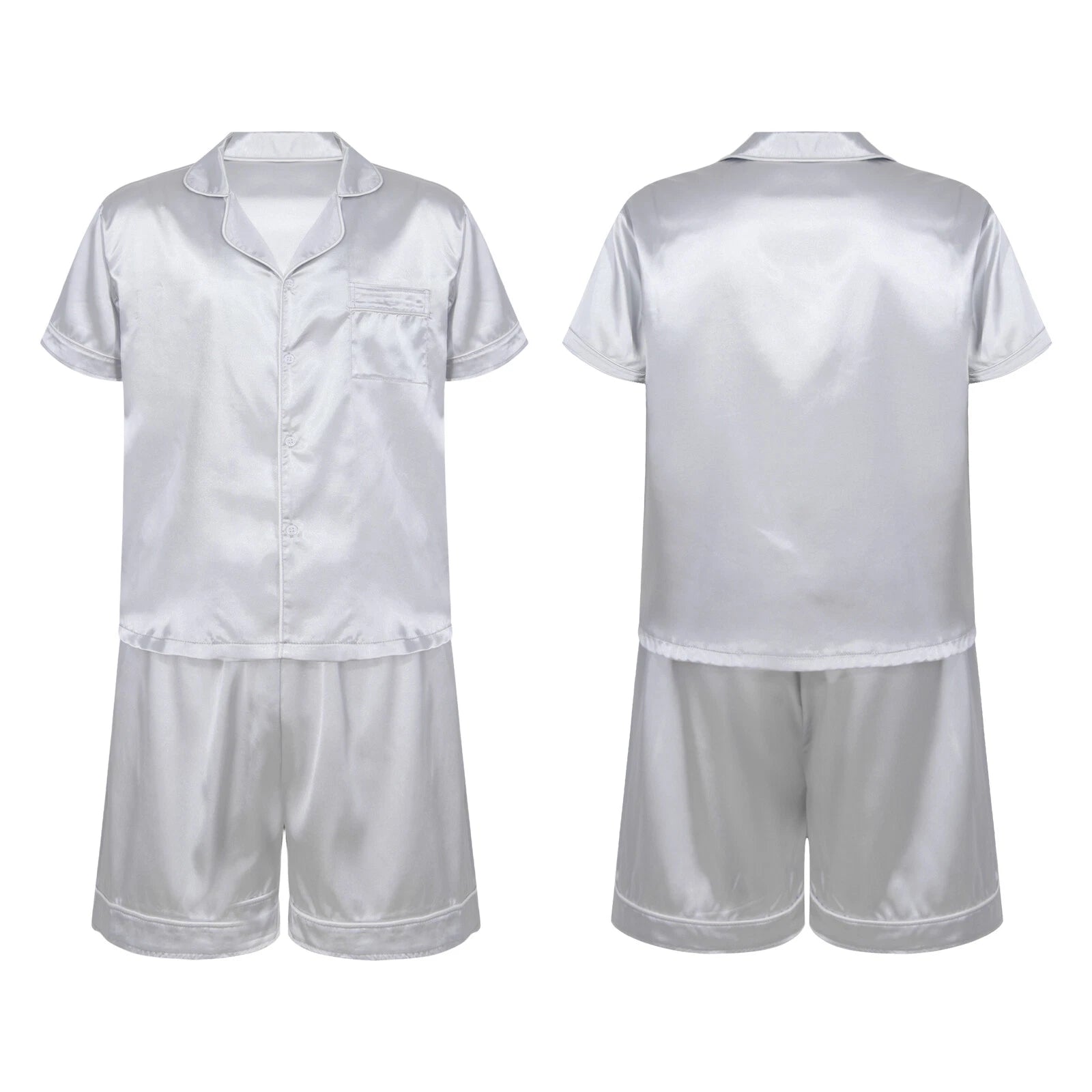 Mens Shiny Satin Pajamas Set Short Sleeves Button Down Shirt with Boxer Short