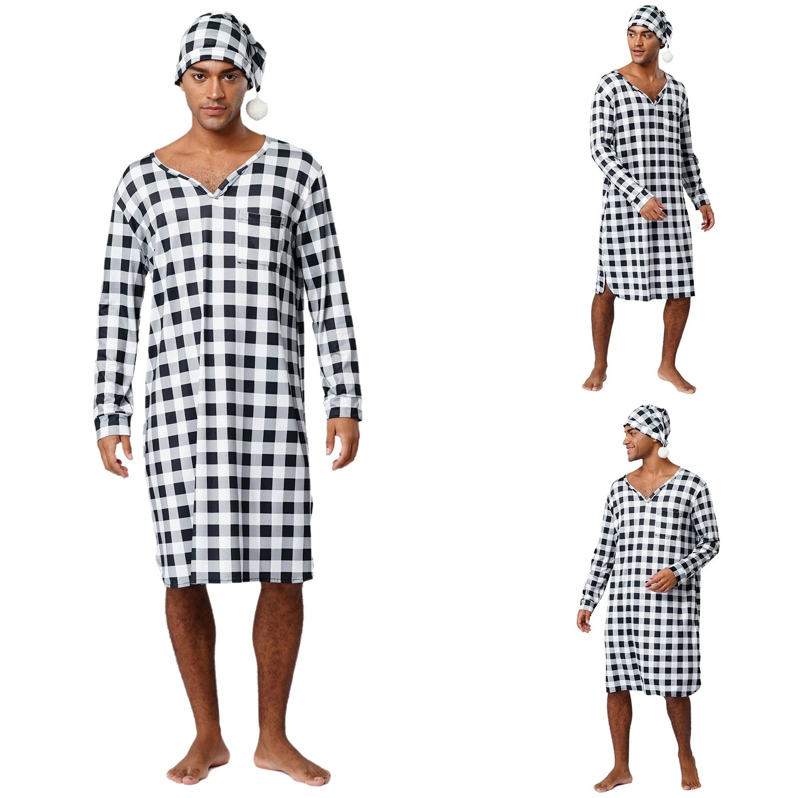 Mens Nightwear Satin Silk Pajama Set  long Sleeve and hat Sleepwear Nightgown