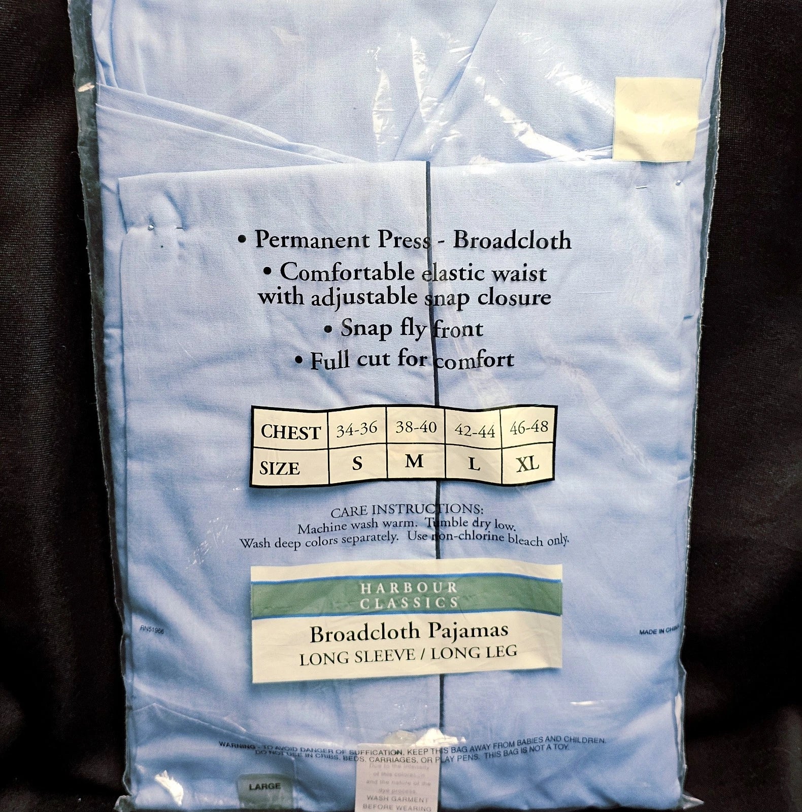 VTG Harbour Classics Broadcloth Pajamas Mens Sz L 2pc Longsleeve Pants Blue NEW!