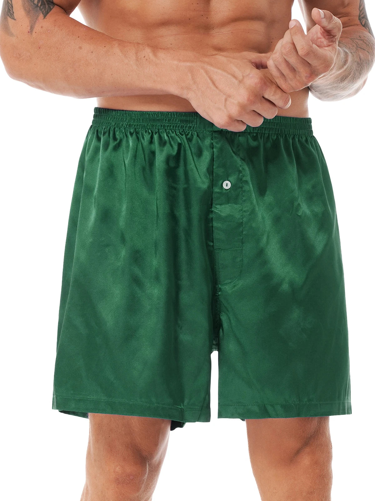 Mens Shiny Satin Pajamas Set Short Sleeves Button Down Shirt with Boxer Short