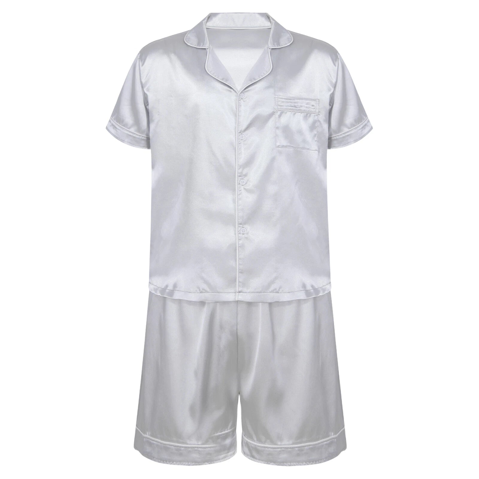Mens Shiny Satin Pajamas Set Short Sleeves Button Down Shirt with Boxer Short