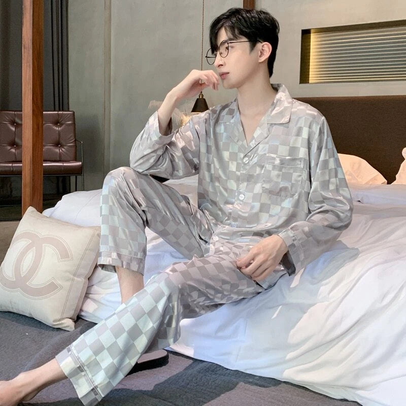 Mens Pajamas Nightwear Long Sleeve Sleep Tops Trousers Thin Ice Silk Pajamas Set
