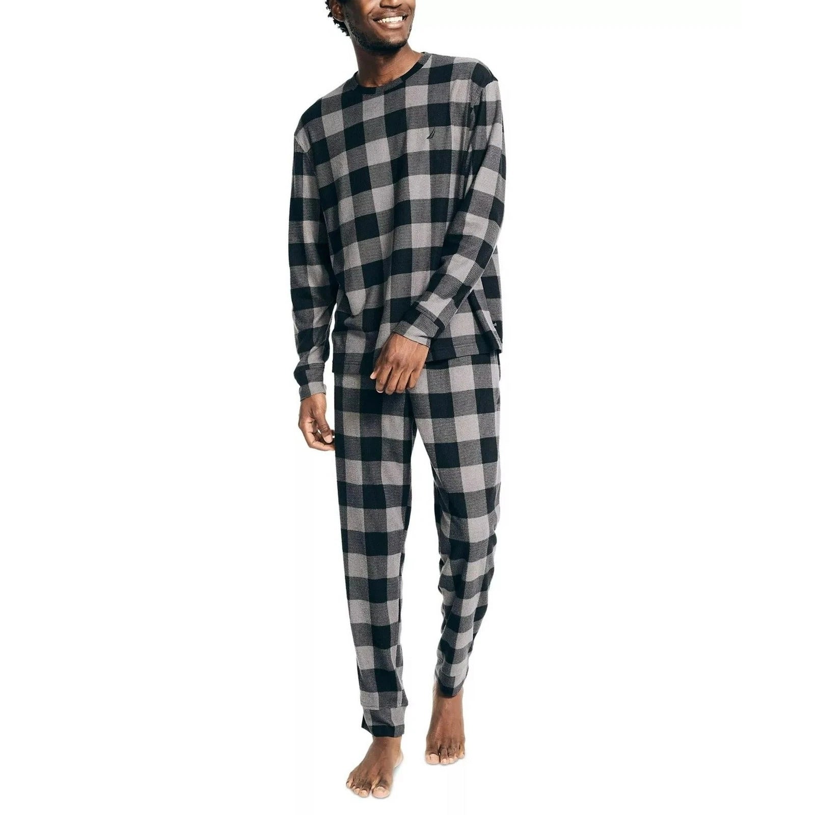 Nautica Men's Relaxed Fit 2PC Waffle Buffalo Plaid Pajama Set, Storm Grey-XL