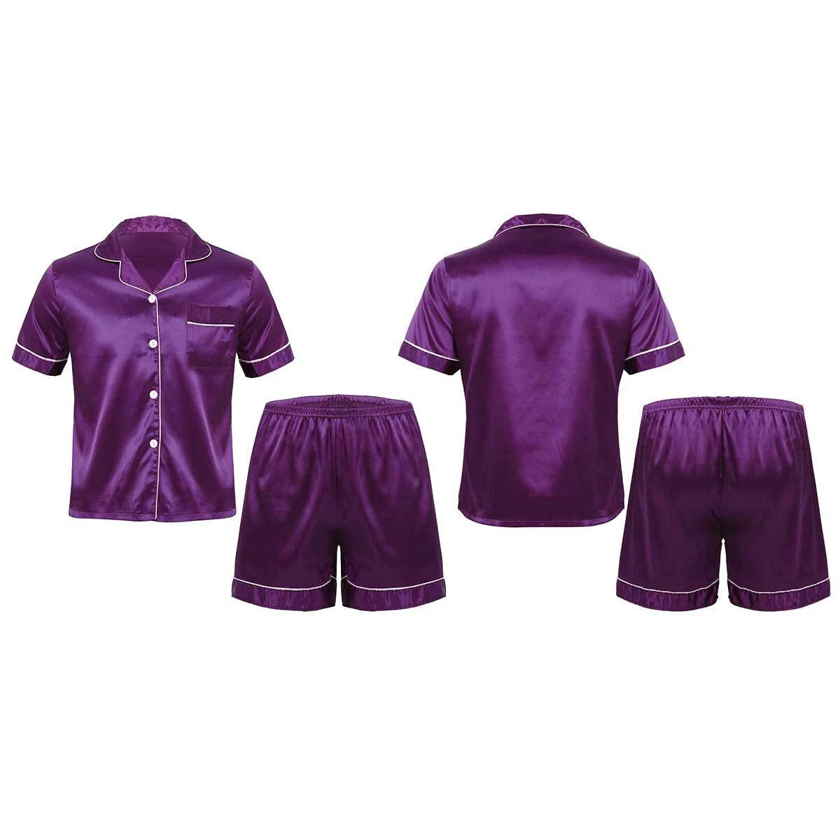 Mens Shiny Satin Pajamas Set Short Sleeves Button Down Shirt with Boxer Short