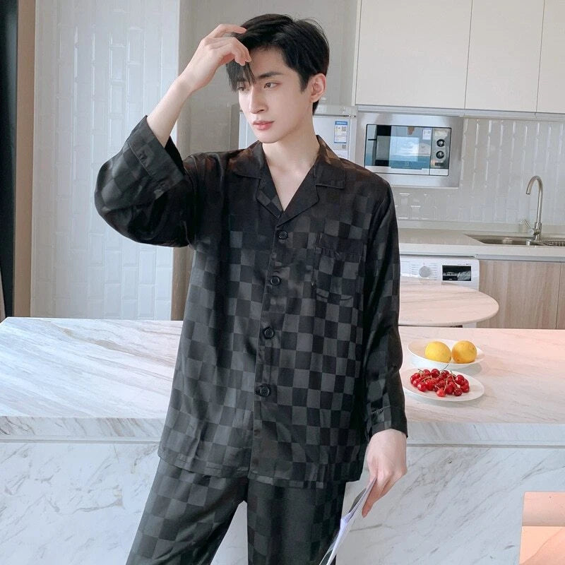 Mens Pajamas Nightwear Long Sleeve Sleep Tops Trousers Thin Ice Silk Pajamas Set