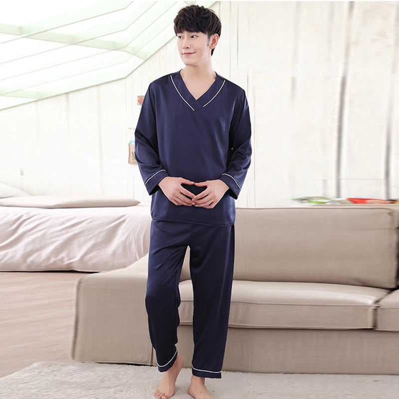 NWT 2PCS Mens Silk Satin Pajamas Sleepwear Pyjamas PJS Long Sleeve M031 M L XL