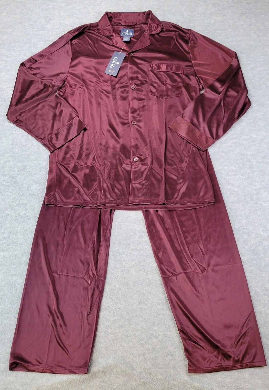 Stafford Pajama Set Satin Madeira Wine Sleepwear L/S Shirt & Pants Mens M NWT