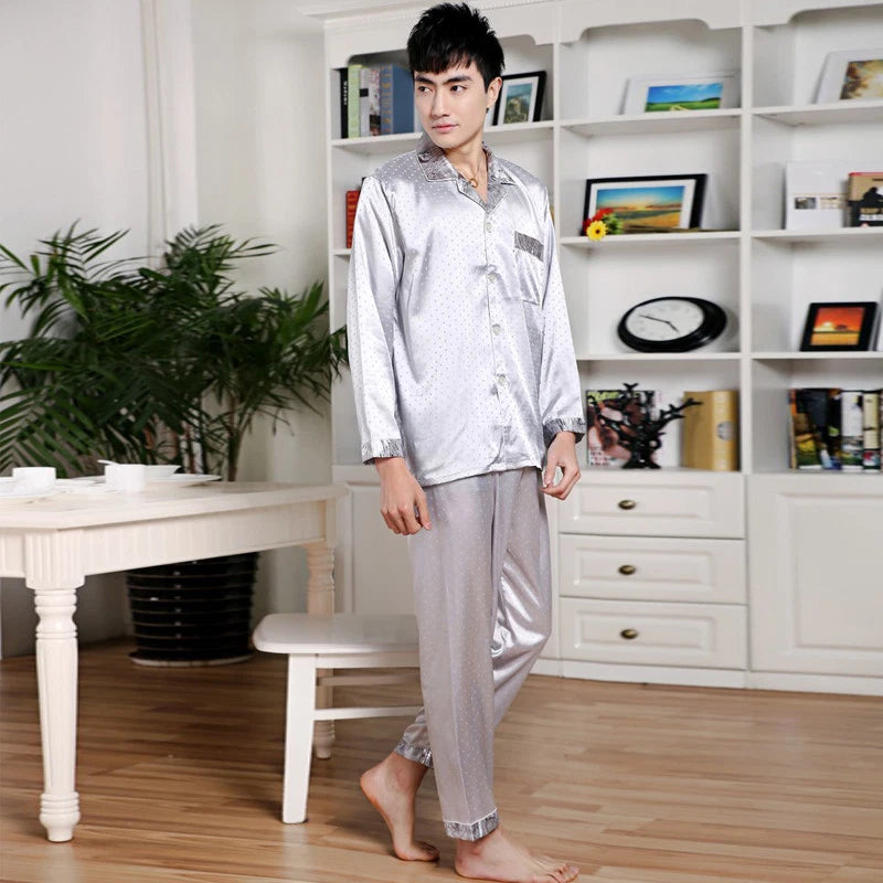 NWT 2PCS Mens Silk Satin Pajamas Sleepwear Pyjamas PJS Long Sleeve M024  M,L,XL