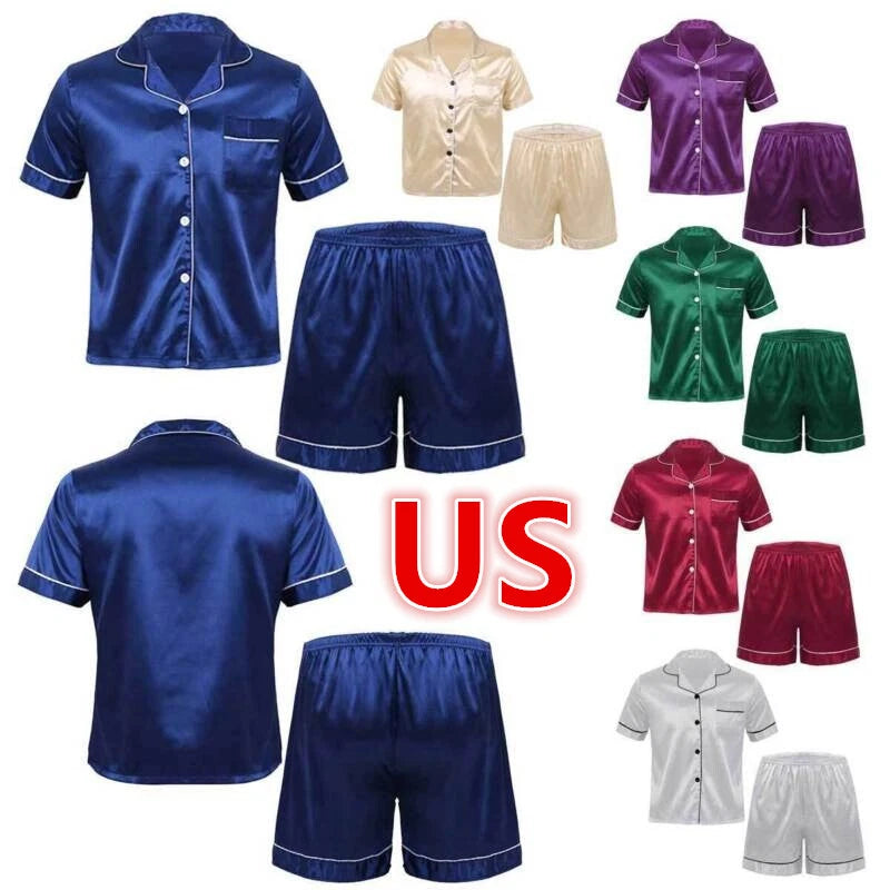 Mens Shiny Satin Pajamas Set Short Sleeves Button Down Shirt with Boxer Short