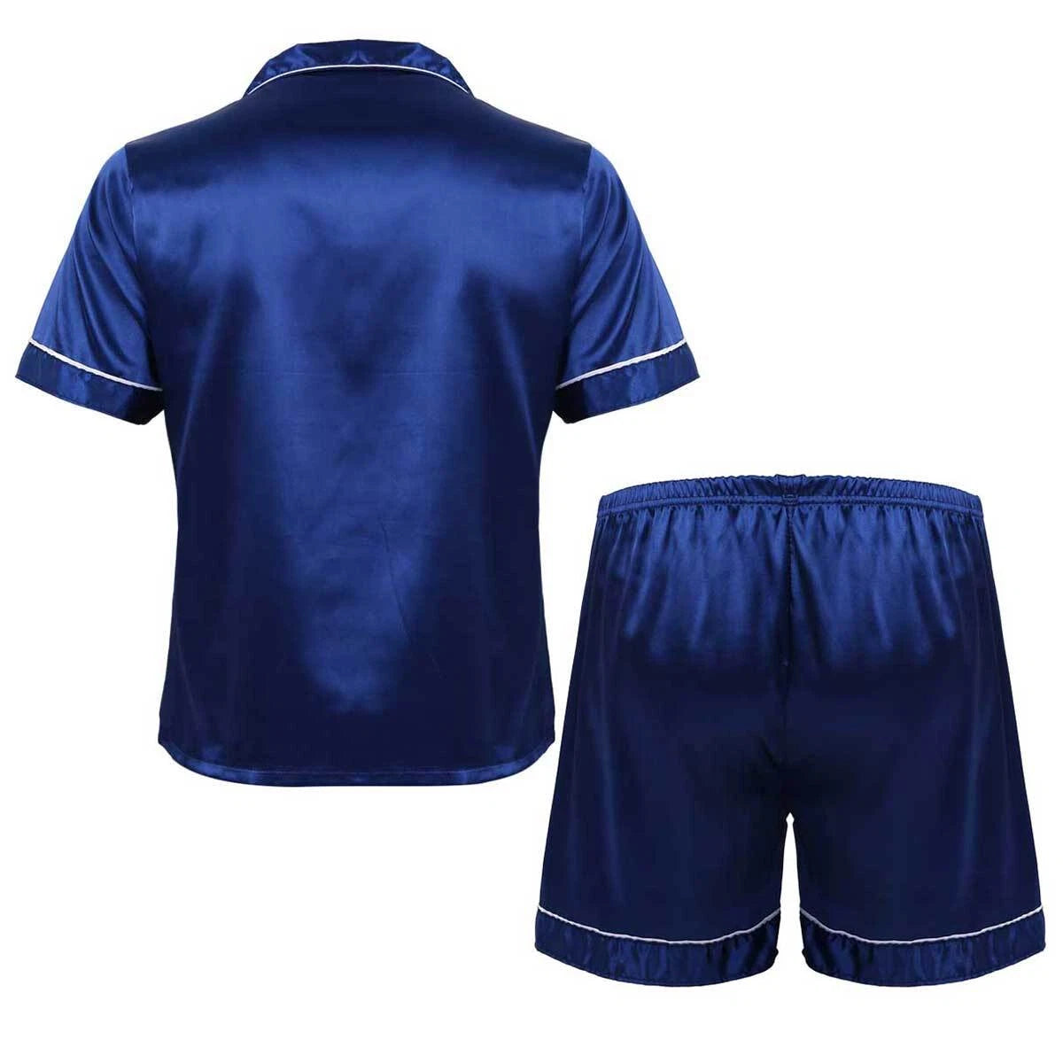 Mens Shiny Satin Pajamas Set Short Sleeves Button Down Shirt with Boxer Short