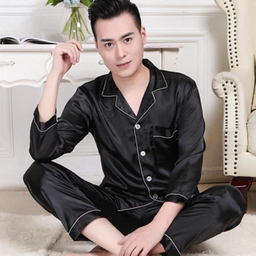 Mens Pajamas Nightwear Long Sleeve Sleep Tops Trousers Thin Ice Silk Pajamas Set
