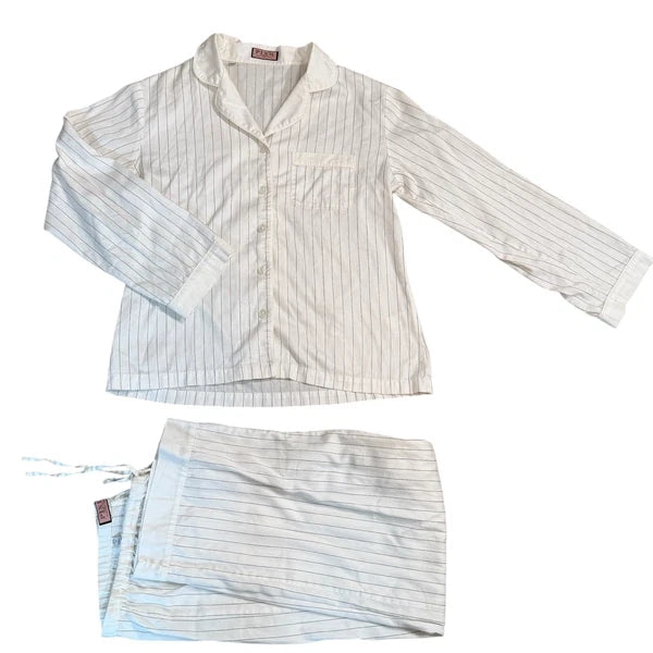 VTG Thomas Pink Pajamas Set M White Pinstripe 100% Cotton 2 Pc Lounge Sleepwear