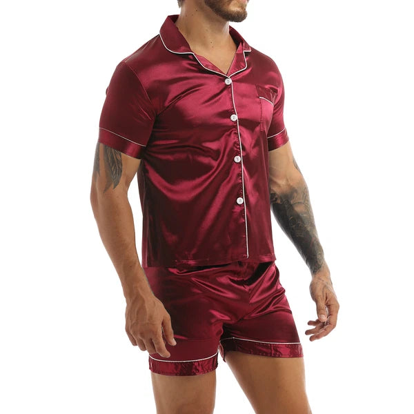 Men's Short Sleeve Satin Pajama Set with Shorts Classic Sleepwear Loungewear