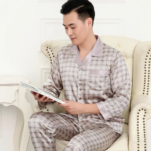 Mens Pajamas Nightwear Long Sleeve Sleep Tops Trousers Thin Ice Silk Pajamas Set