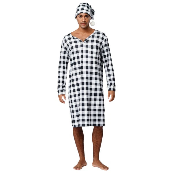Mens Nightwear Satin Silk Pajama Set  long Sleeve and hat Sleepwear Nightgown