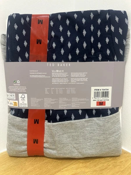 Ted Baker Mens Medium Long Sleeve 2 Piece / Sleepwear / Pyjama Set Grey & Blue