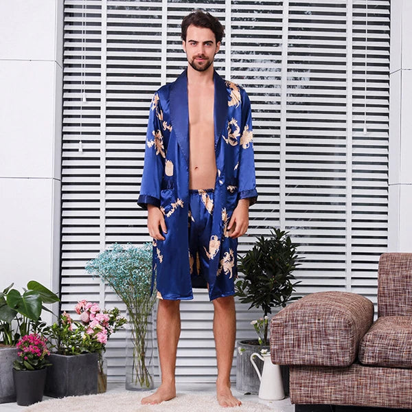 Men Silk Like Pyjama Set Dragon Print Pajamas Dressing Gown Robe Sleepwear Loose