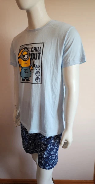 Minions Mens Chill Out Blue Printed 2 Piece Short Sleeve Pyjama Set Size S New