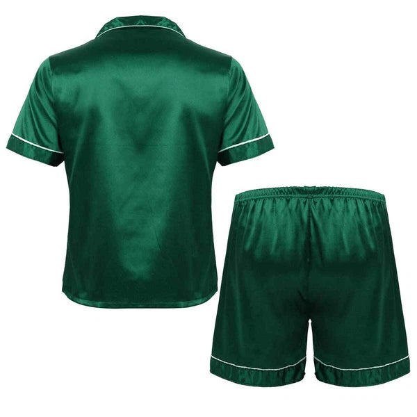 Mens Shiny Satin Pajamas Set Short Sleeves Button Down Shirt with Boxer Short