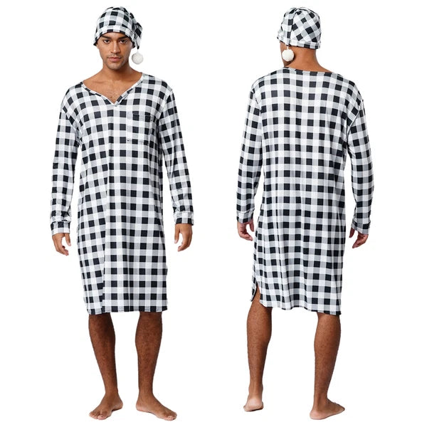 Mens Nightwear Satin Silk Pajama Set  long Sleeve and hat Sleepwear Nightgown