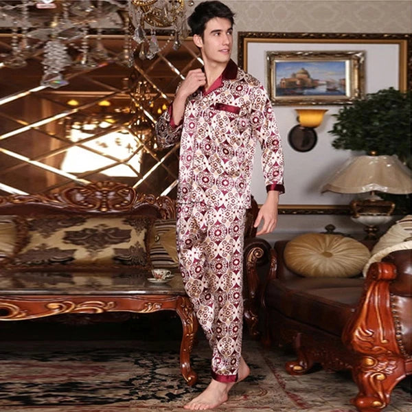NWT 2PCS Mens Silk Satin Pajamas Sleepwear Pyjamas PJS Long Sleeve M029 M L