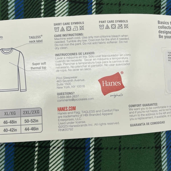 S Hanes Originals Men's 2 Pc Plaid Comfort Fleece Sleep Pajama Set Black SMALL