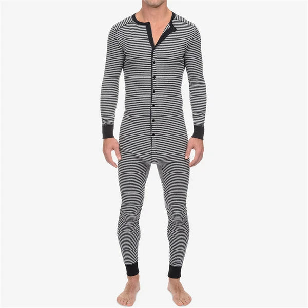 Mens One-Piece Pajamas Long Sleeve Button Bodysuits Jumpsuits Sleepwear Overalls