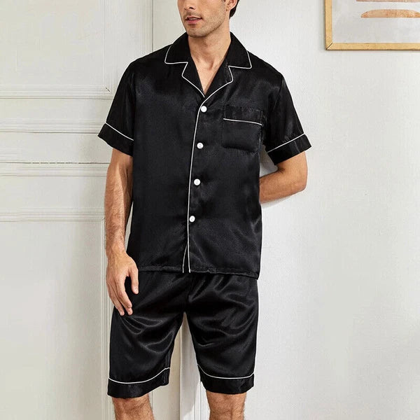 Mens Pajamas  Silk Satin Set Top and Shorts Sleepwear Nightwear Casual Pyjamas