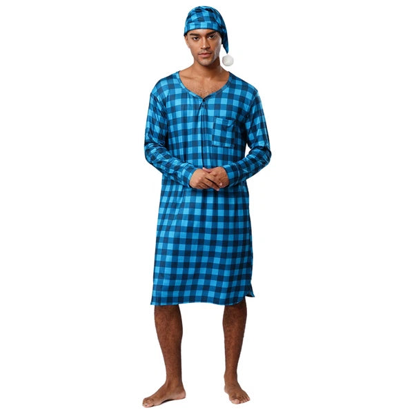 Mens Nightwear Satin Silk Pajama Set  long Sleeve and hat Sleepwear Nightgown