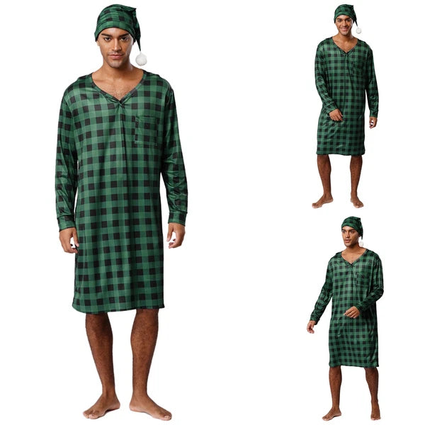 Mens Nightwear Satin Silk Pajama Set  long Sleeve and hat Sleepwear Nightgown