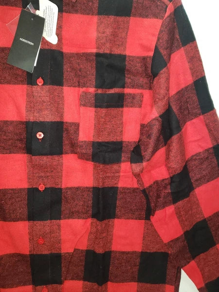 Nordstrom Pajama Set Mens MEDIUM Buffalo Plaid Flannel Long Sleeve Red $69 NEW